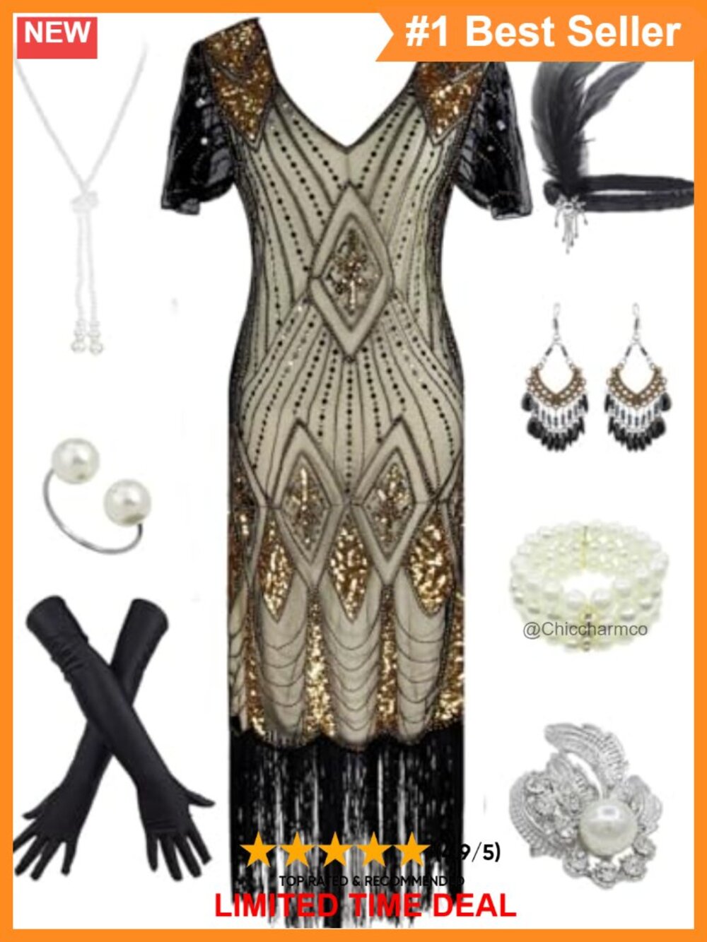 1920s Gatsby Sequin Flapper Dress Costume Set with Accessories